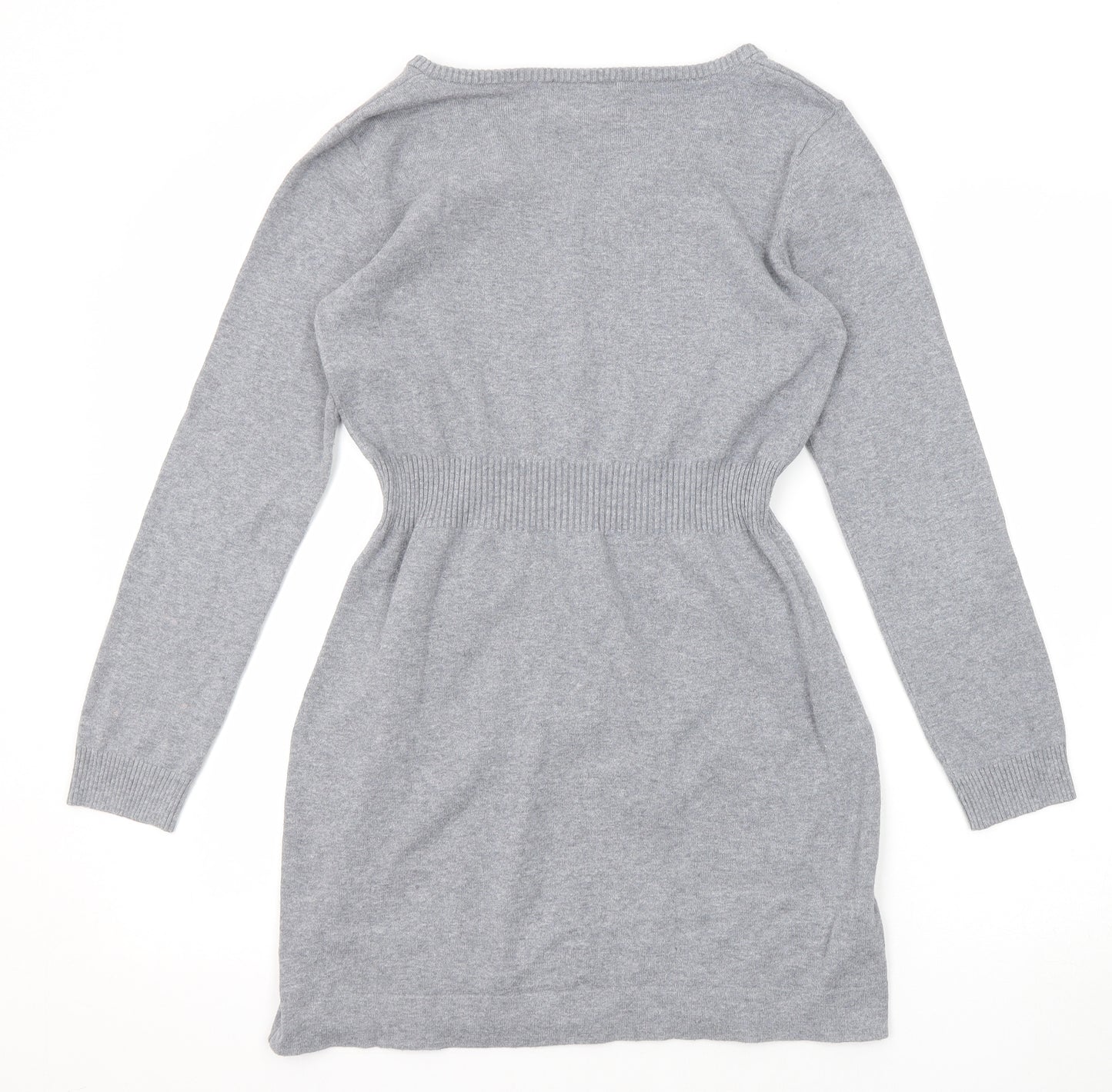 Mango Womens Grey Cotton Jumper Dress Size M V-Neck Pullover