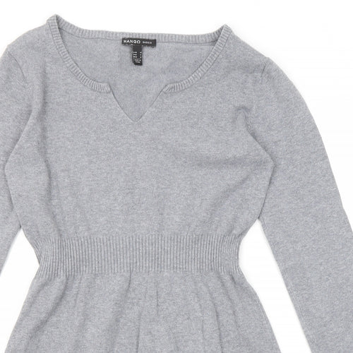 Mango Womens Grey Cotton Jumper Dress Size M V-Neck Pullover
