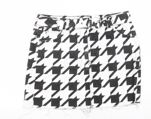 Topshop Womens Black Geometric Cotton A-Line Skirt Size 16 Zip - Houndstooth pattern