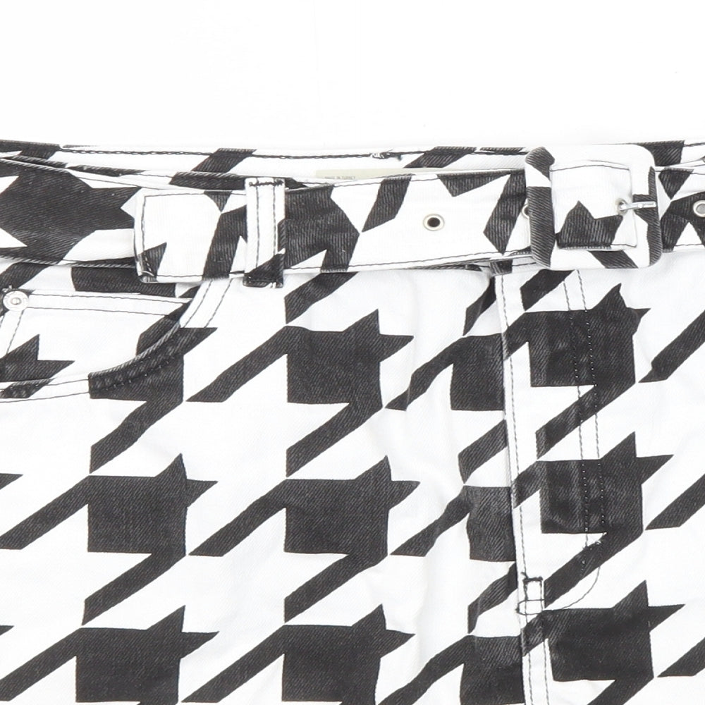 Topshop Womens Black Geometric Cotton A-Line Skirt Size 16 Zip - Houndstooth pattern