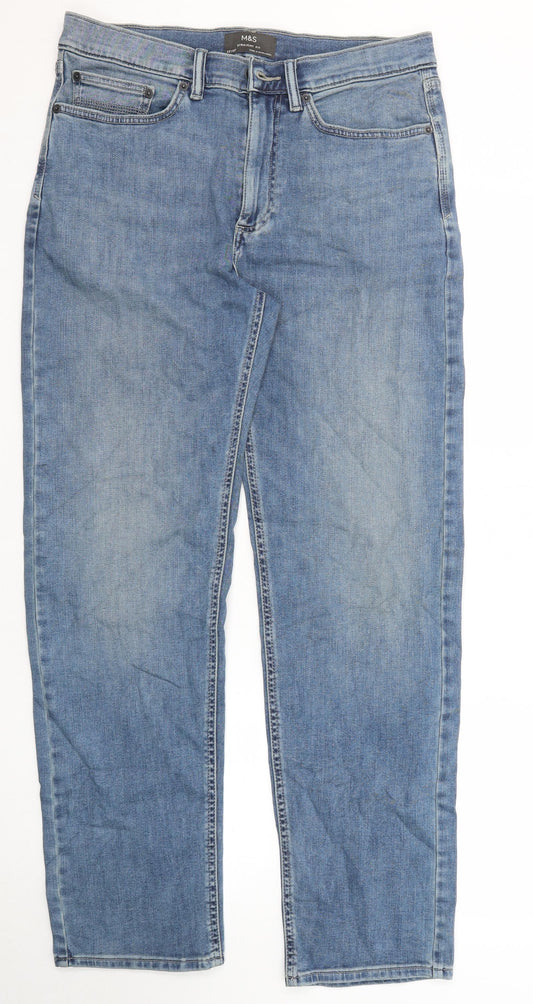 Marks and Spencer Mens Blue Cotton Straight Jeans Size 32 in L33 in Regular Zip - Long Leg
