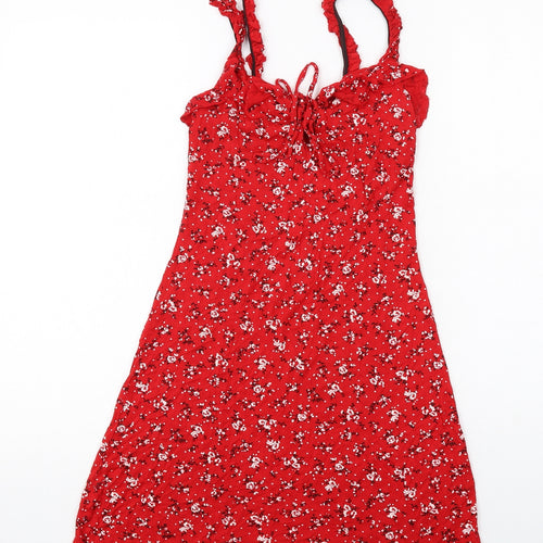 PRETTYLITTLETHING Womens Red Floral Viscose Tank Dress Size 10 V-Neck Pullover