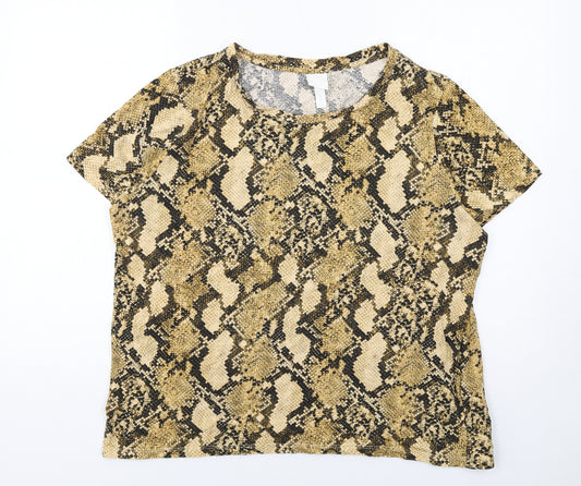 H&M Womens Beige Animal Print Cotton Basic T-Shirt Size XL Boat Neck - Snake Print