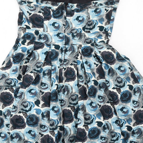 H&M Womens Blue Floral Cotton Trapeze & Swing Size 10 Sweetheart Zip