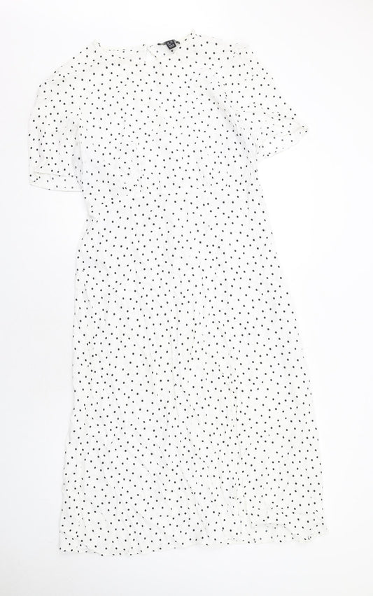 New Look Womens White Polka Dot Viscose A-Line Size 16 Boat Neck Button