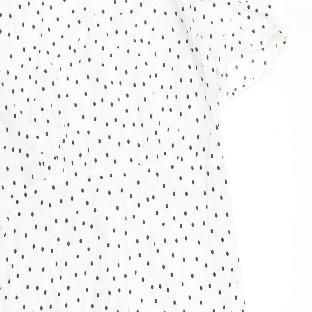 New Look Womens White Polka Dot Viscose A-Line Size 16 Boat Neck Button