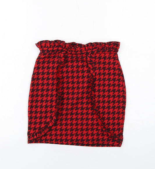 PRETTYLITTLETHING Womens Red Geometric Polyester Bandage Skirt Size 10 - Houndstooth pattern