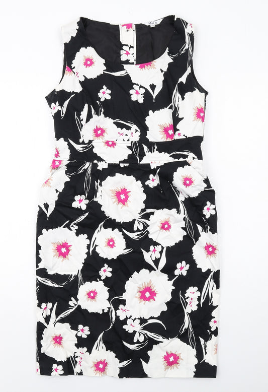 M&Co Womens Black Floral Cotton Pencil Dress Size 14 Boat Neck Zip