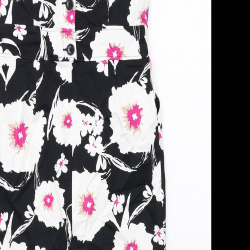 M&Co Womens Black Floral Cotton Pencil Dress Size 14 Boat Neck Zip