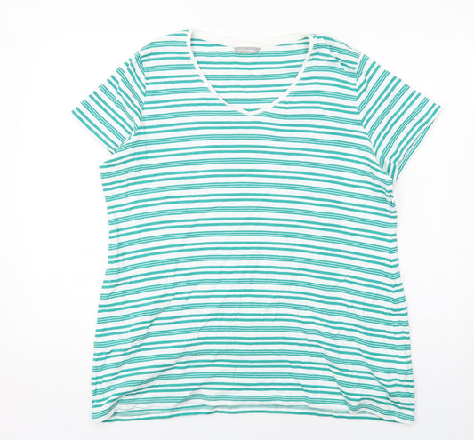 Marks and Spencer Womens Green Striped Cotton Basic T-Shirt Size 24 V-Neck