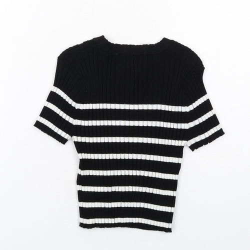 H&M Girls Black Striped Viscose Basic T-Shirt Size 10-11 Years Boat Neck Pullover - Ribbed