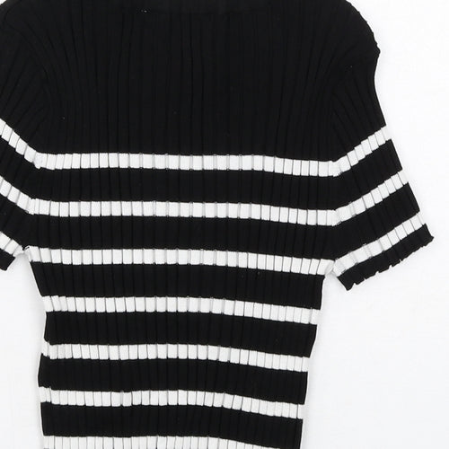 H&M Girls Black Striped Viscose Basic T-Shirt Size 10-11 Years Boat Neck Pullover - Ribbed