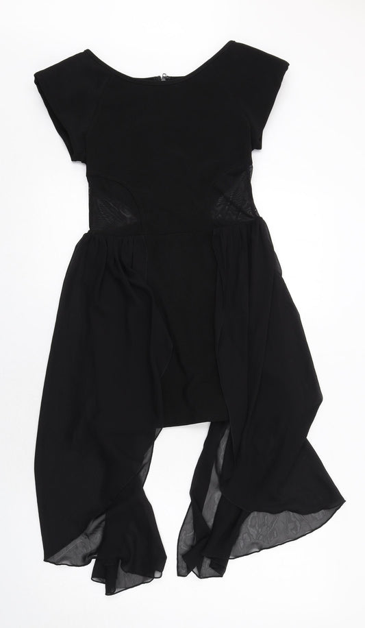 Sans Souci Womens Black Polyester T-Shirt Dress Size L Boat Neck Zip - Mesh Panels Draped