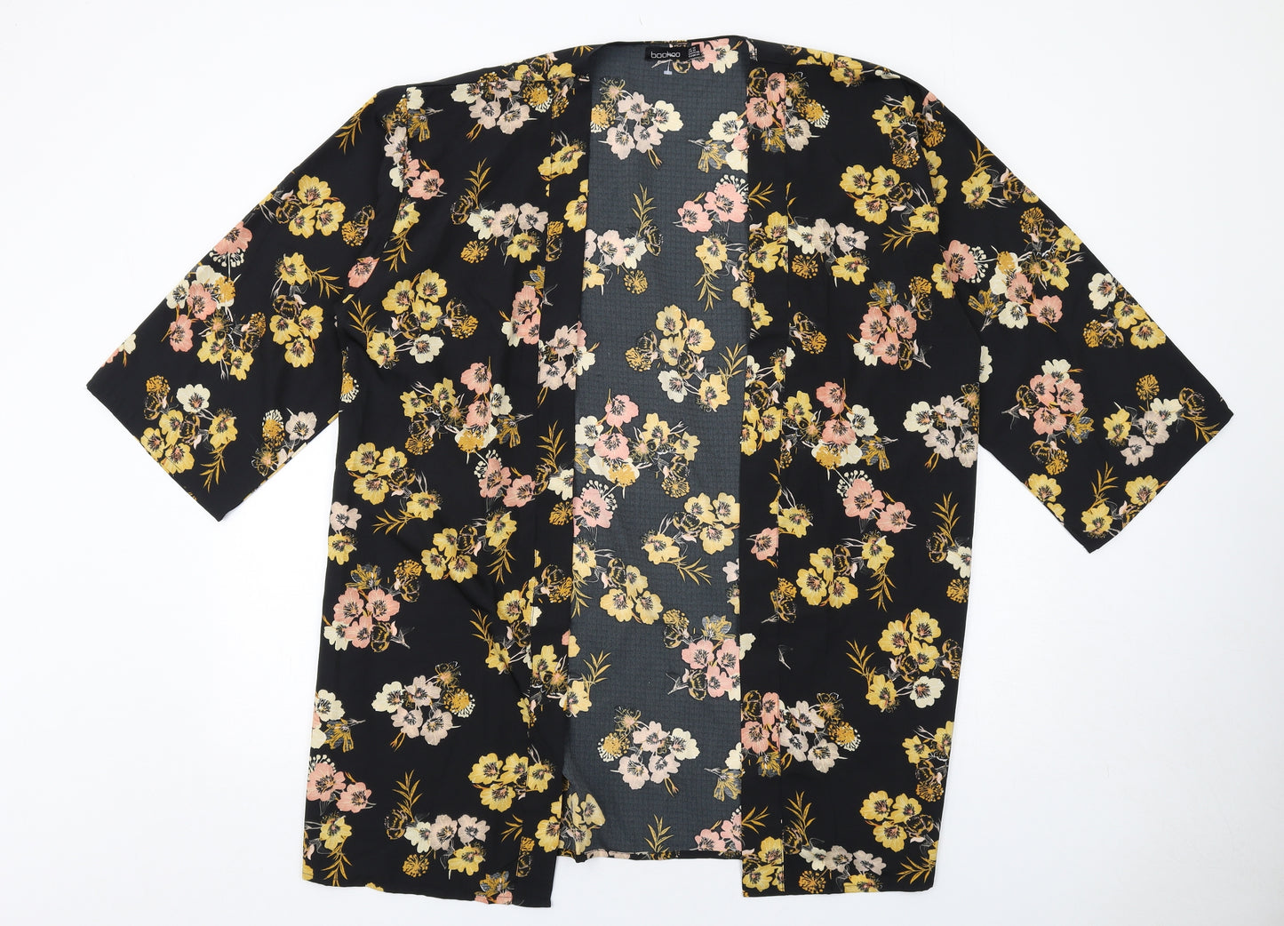 Boohoo Womens Black Floral Polyester Kimono Blouse Size 18 V-Neck