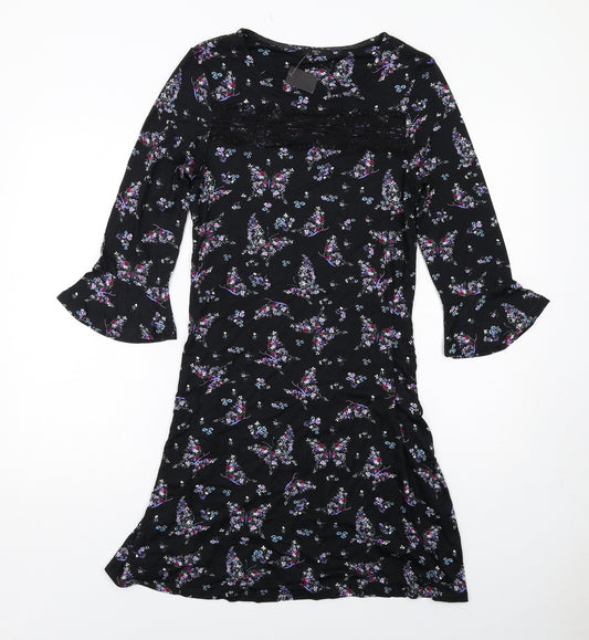 M&Co Womens Black Floral Viscose Shift Size 12 Boat Neck Pullover