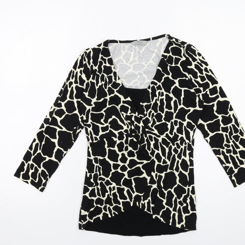 Marks and Spencer Womens Black Animal Print Viscose Basic T-Shirt Size 8 Scoop Neck