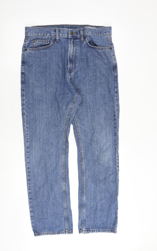 Marks and Spencer Mens Blue Cotton Straight Jeans Size 32 in L29 in Regular Zip