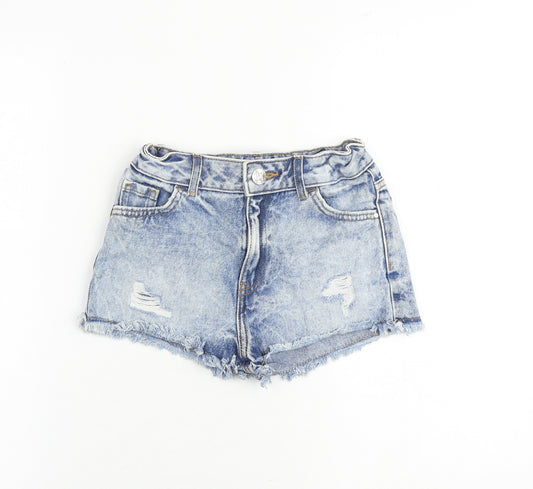River Island Girls Blue 100% Cotton Cut-Off Shorts Size 9-10 Years Regular Zip - Distressed