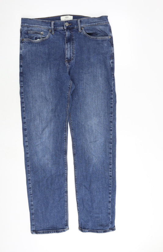Marks and Spencer Mens Blue Cotton Straight Jeans Size 32 in L33 in Regular Zip