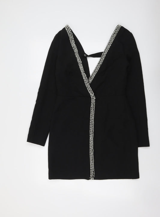 Peace + Love Womens Black Polyester Mini Size 12 V-Neck Zip - Plunging Neckline
