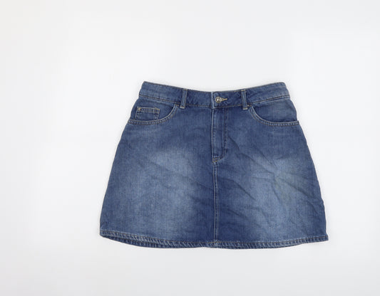 H&M Womens Blue Cotton Mini Skirt Size 12 Button