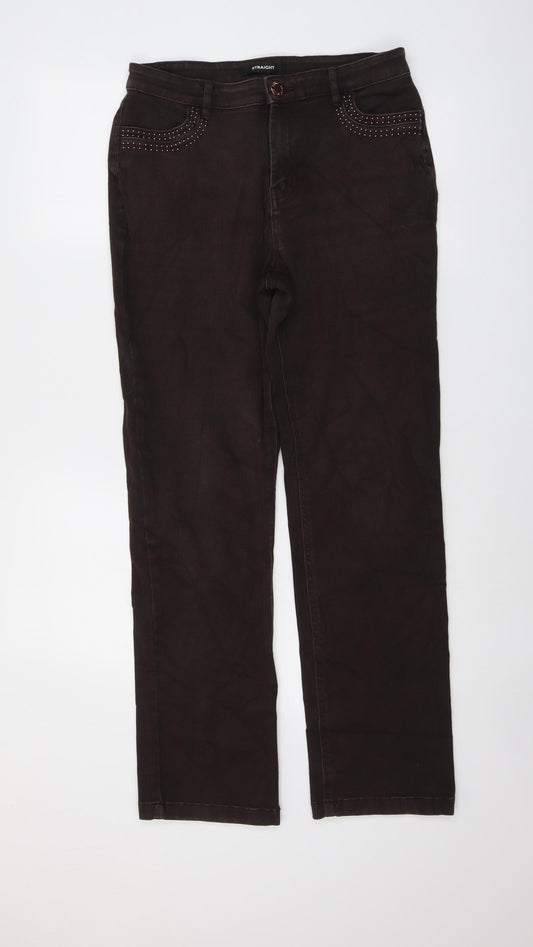 Per Una Womens Brown Cotton Straight Jeans Size 12 L29 in Regular Button