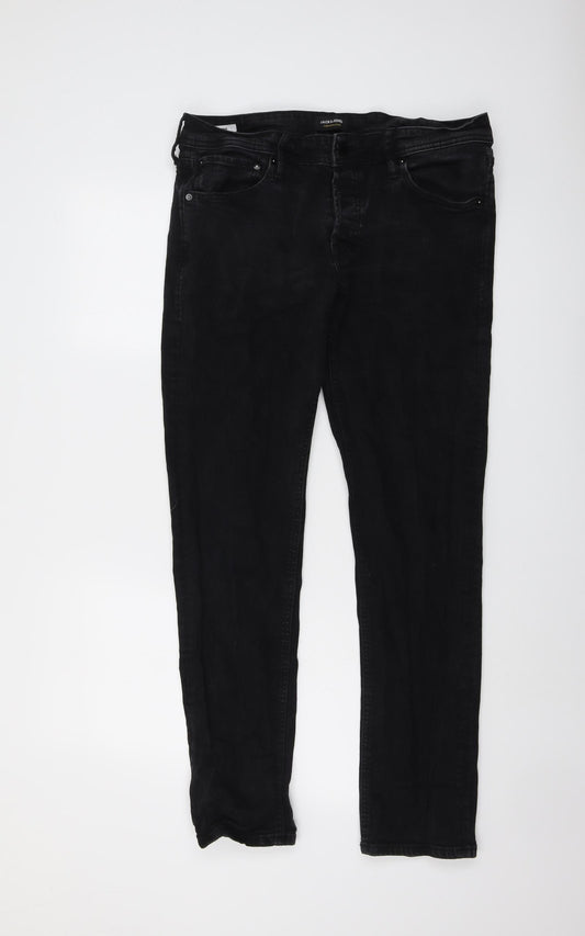 JACK & JONES Mens Black Cotton Skinny Jeans Size 36 in L34 in Regular Button