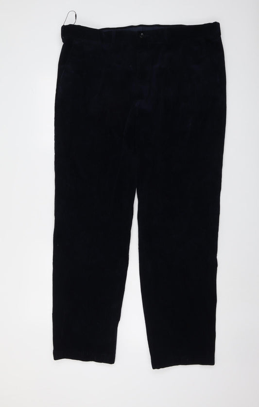 Marks and Spencer Mens Blue Cotton Trousers Size 40 in L31 in Regular Button