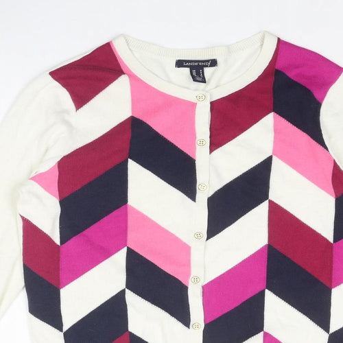 Lands' End Womens Multicoloured Round Neck Geometric Cotton Cardigan Jumper Size S