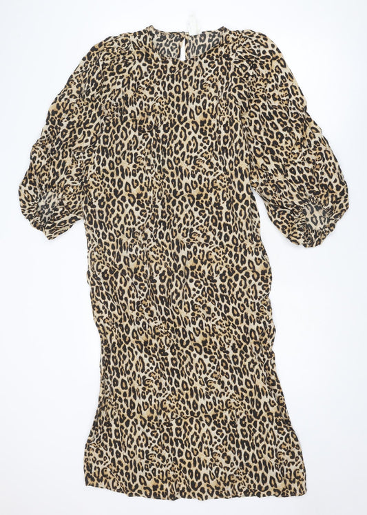 H&M Womens Brown Animal Print Viscose Sheath Size XS Round Neck Button - Leopard Print