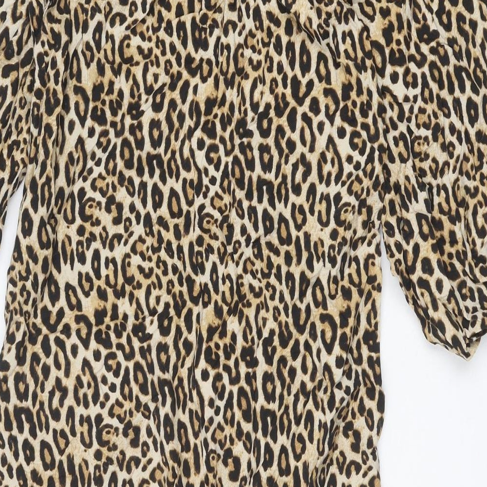 H&M Womens Brown Animal Print Viscose Sheath Size XS Round Neck Button - Leopard Print