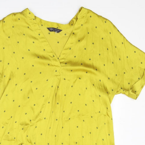 Marks and Spencer Womens Yellow Geometric Polyester Basic Blouse Size 12 V-Neck - Sun