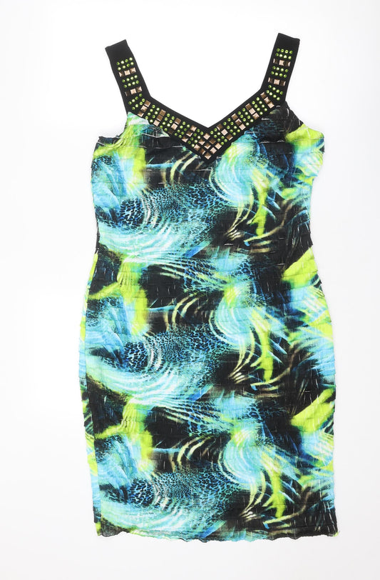 Frank Lyman Womens Multicoloured Geometric Polyester Pencil Dress Size 14 V-Neck Pullover - Embellished Neckline
