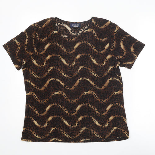 Saloos Womens Brown Geometric Nylon Basic T-Shirt Size L Round Neck