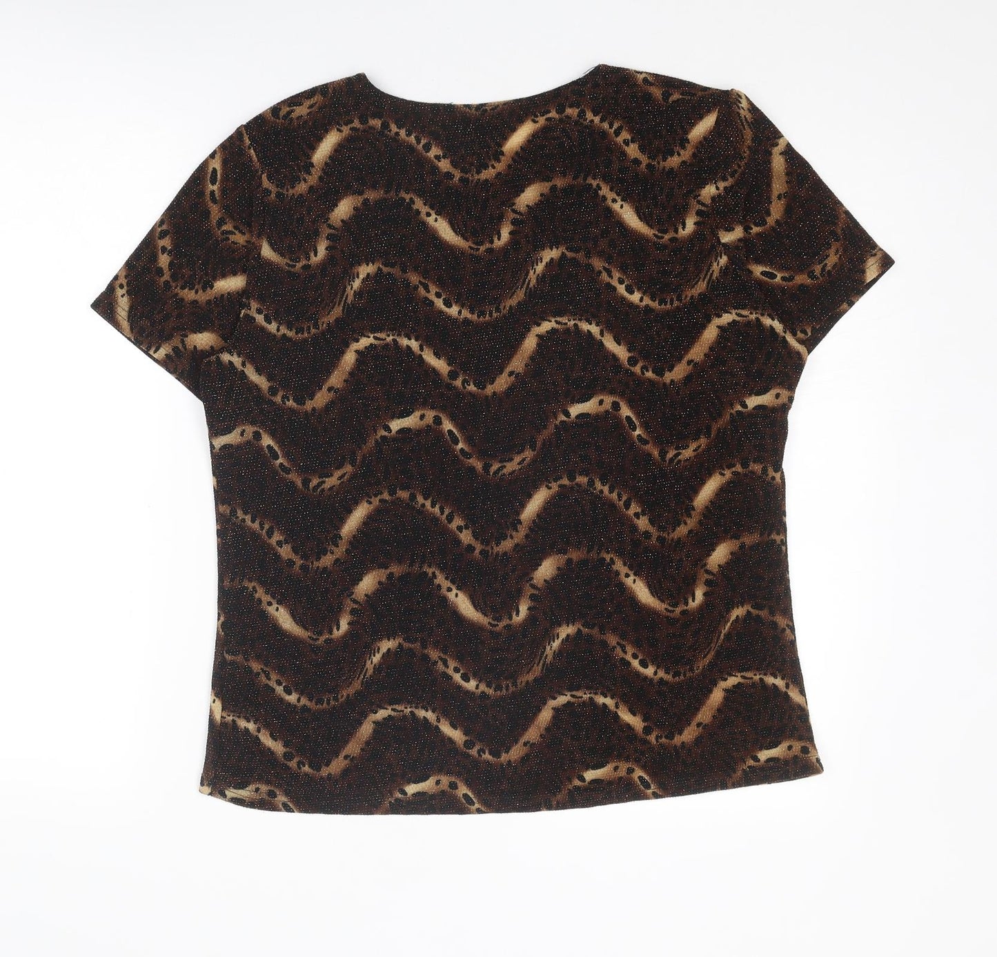 Saloos Womens Brown Geometric Nylon Basic T-Shirt Size L Round Neck