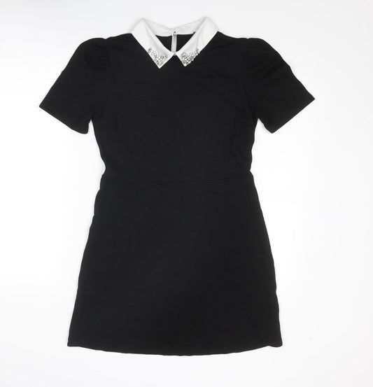 River Island Womens Black Viscose Mini Size 12 Collared Button - Embellished Collar