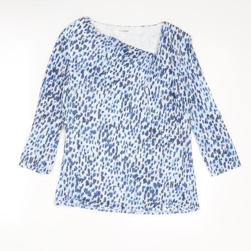 Classic Womens Blue Geometric Polyester Basic Blouse Size 10 V-Neck - Asymmetric Neckline