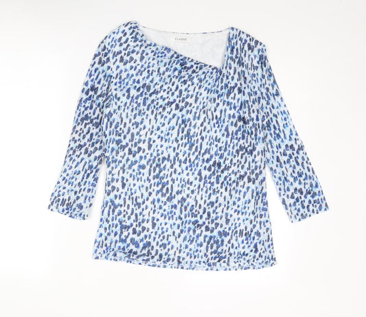 Classic Womens Blue Geometric Polyester Basic Blouse Size 10 V-Neck - Asymmetric Neckline