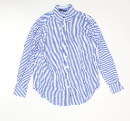Marks and Spencer Womens Blue Striped Cotton Basic Button-Up Size 6 Collared