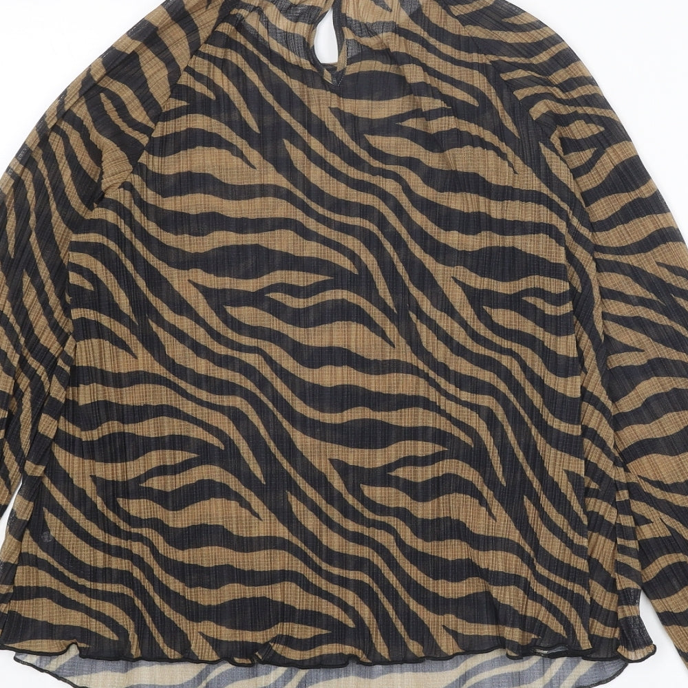 Marks and Spencer Womens Brown Animal Print Polyester Basic Blouse Size 12 Round Neck - Zebra Pattern