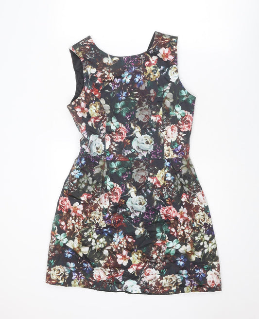 Warehouse Womens Multicoloured Floral Cotton A-Line Size 12 Round Neck Zip