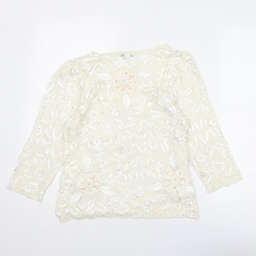 Tia Womens Ivory Polyester Basic Blouse Size 12 Round Neck