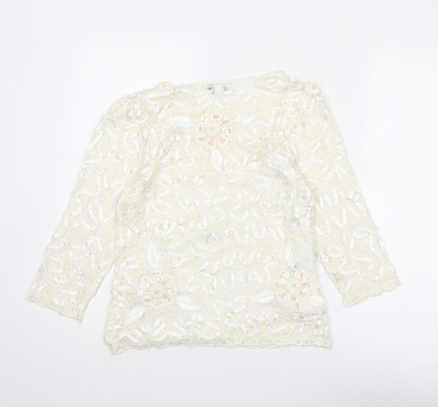 Tia Womens Ivory Polyester Basic Blouse Size 12 Round Neck