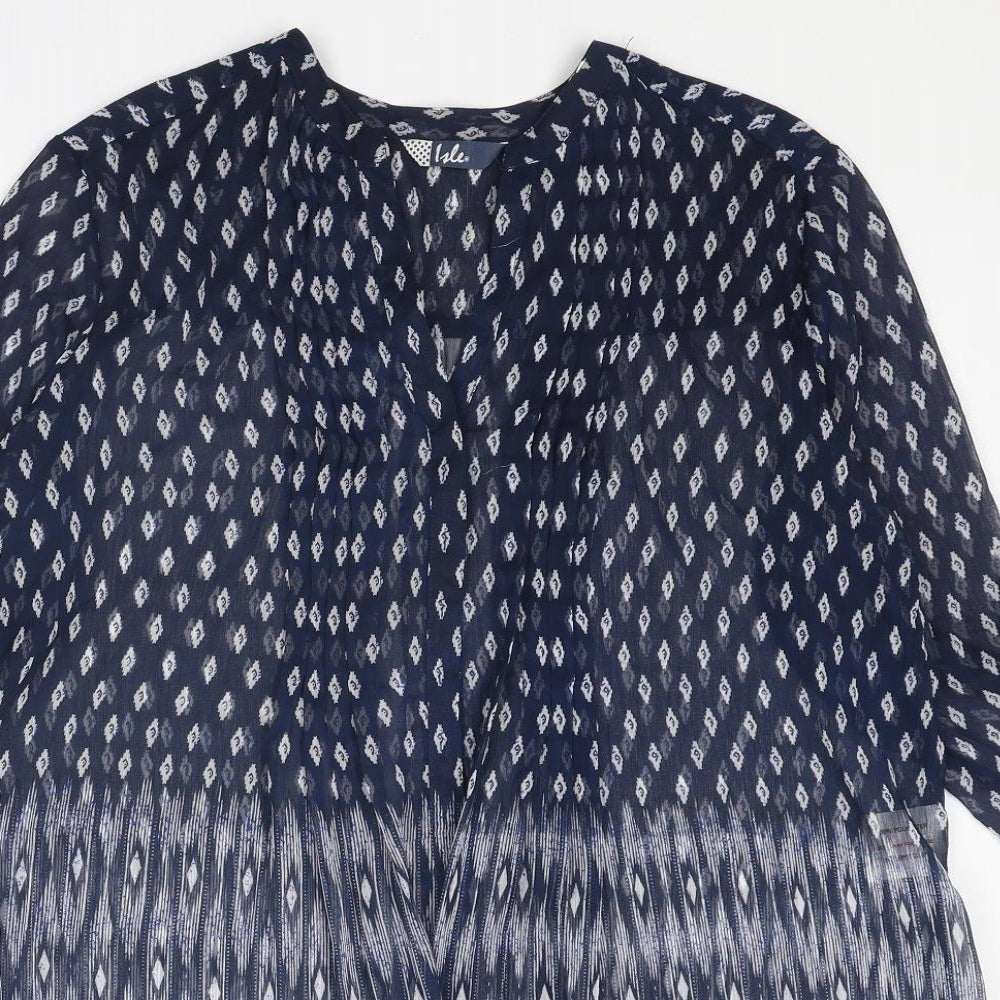 EWM Womens Blue Geometric Polyester Basic Blouse Size 10 V-Neck