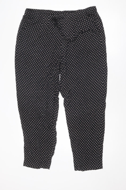 Classic Womens Black Geometric Viscose Trousers Size 16 Regular Drawstring