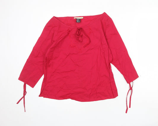 Coulers d Été Womens Pink 100% Cotton Basic T-Shirt Size 10 Boat Neck - Tie Sleeve Detail