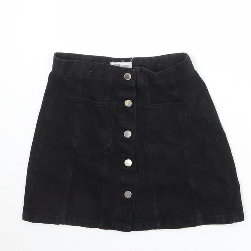 Zara Womens Black Cotton A-Line Skirt Size M Button