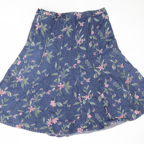 Bonmarché Womens Blue Floral Cotton Swing Skirt Size 14 Zip