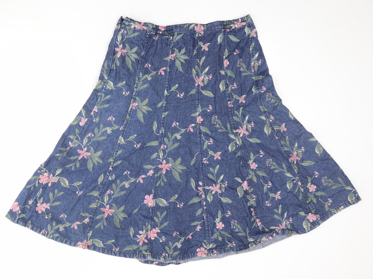 Bonmarché Womens Blue Floral Cotton Swing Skirt Size 14 Zip