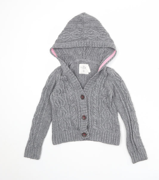 H&M Girls Grey V-Neck Cotton Cardigan Jumper Size 6-7 Years Button - Size 6-8 Years